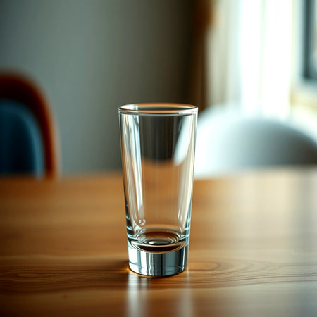 Empty glass on a wooden table. Shallow depth of fieldの写真素材
