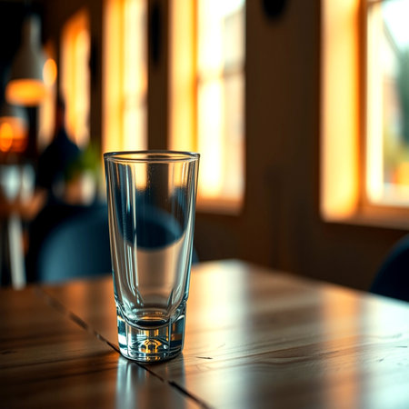 Empty glass on the wooden table in a cafe. Selective focus.の写真素材