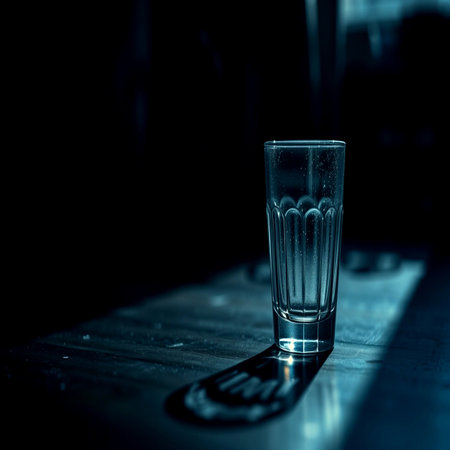Glass on wooden table. Selective focus. Toned.の写真素材