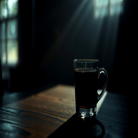 A cup of coffee on a wooden table in a dark room.の写真素材