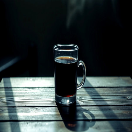 Coffee in a glass cup on a wooden table in the darkの写真素材