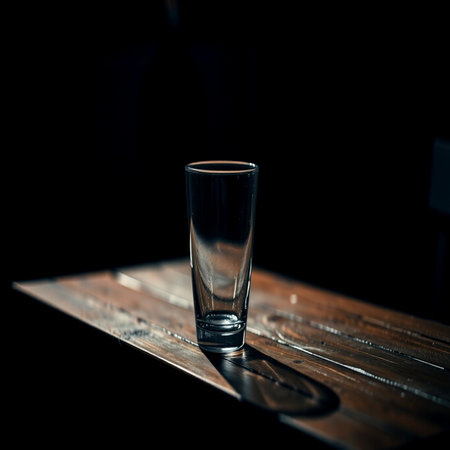 Glass on a wooden table. Black background. Toned.の写真素材
