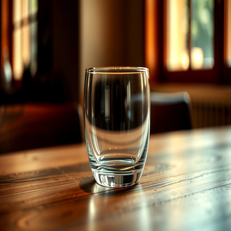 Empty glass on wooden table in cafe. Shallow depth of fieldの写真素材
