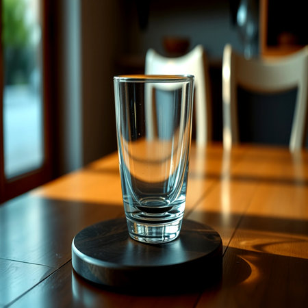 Empty glass on the table in restaurant. Shallow depth of fieldの写真素材