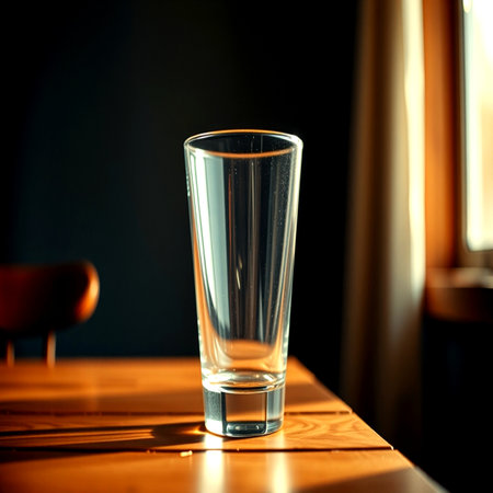 A glass of water on a wooden table in a cafe. Toned.の写真素材
