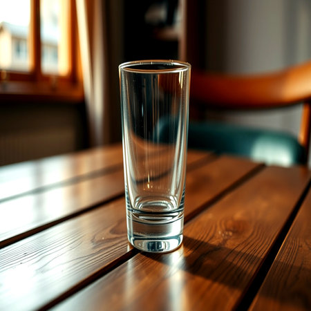 Empty glass on the wooden table in cafe. Selective focusの写真素材