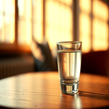 Glass of water on wooden table in cafe. Shallow depth of fieldの写真素材