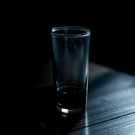 Glass on a wooden table. Black background. Selective focus.の写真素材