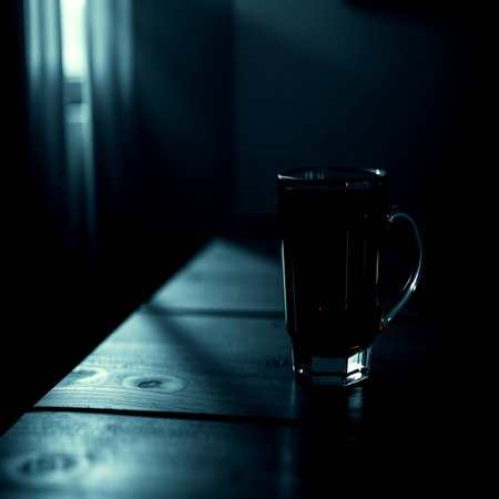 A cup of hot tea on a wooden table in a dark roomの写真素材