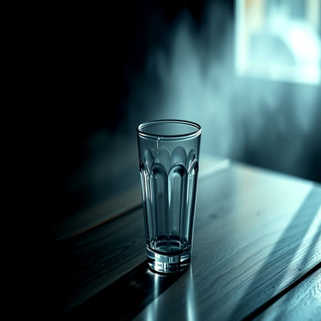 A glass on a wooden table with smoke in the backgroundの写真素材