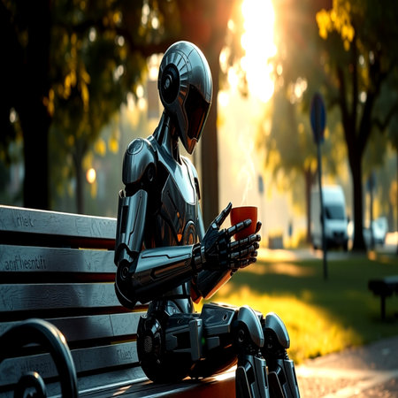 3d rendering humanoid robot with coffee cup sitting on bench in parkの写真素材