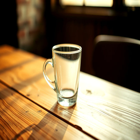 Glass of water on wooden table in cafe. Selective focus. Toned.の写真素材