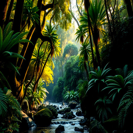 Tropical rainforest with a stream flowing through the jungle.の写真素材