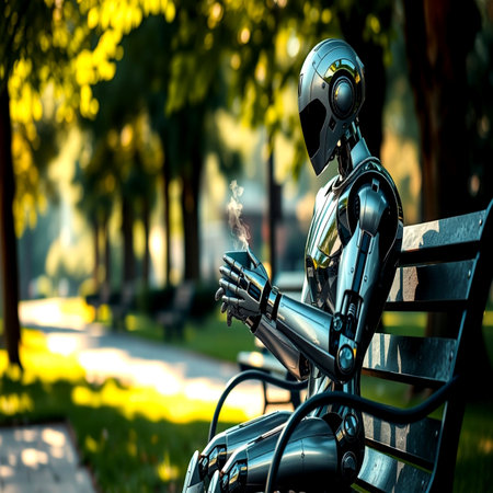 Robot sitting on a bench in the park and holding a cup of coffeeの写真素材