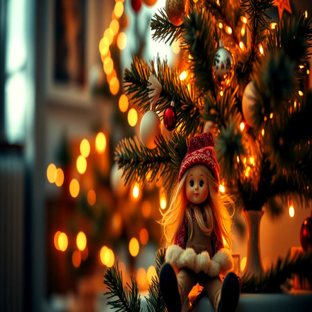Christmas and New Year holidays background. Christmas tree decoration with toy doll.の写真素材