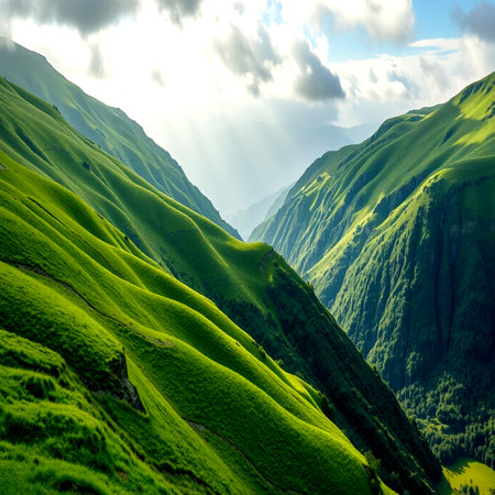 Mountain landscape with green grass and blue sky. Caucasus, Georgia.の写真素材
