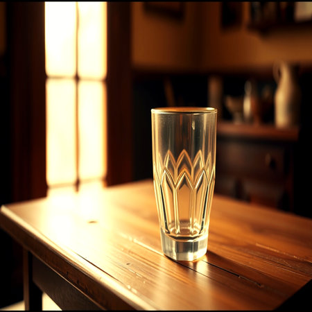 Empty glass on a wooden table in the cafe. Selective focus.の写真素材