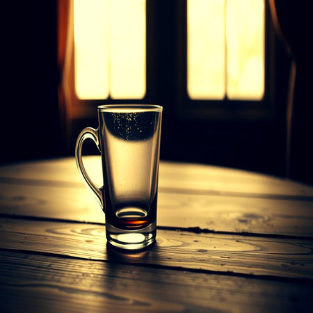 A glass on a wooden table in front of the windowの写真素材