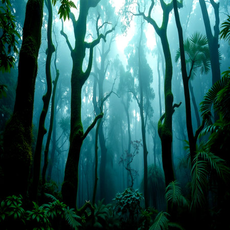 Beautiful tropical rainforest with fog and sunlight. Nature background.の写真素材
