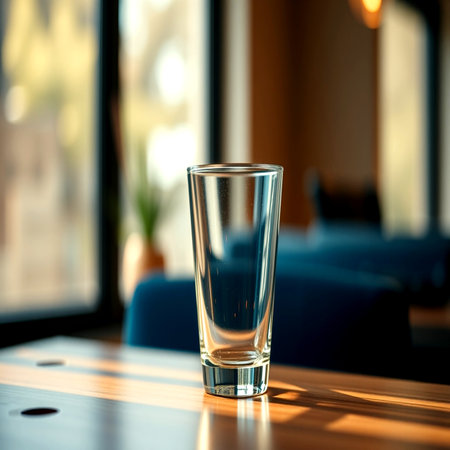 Glass of water on the table in a cafe. Selective focus.の写真素材