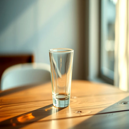 Glass on a wooden table. Selective focus.の写真素材