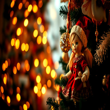 Christmas toy doll on a Christmas tree with lights bokeh backgroundの写真素材