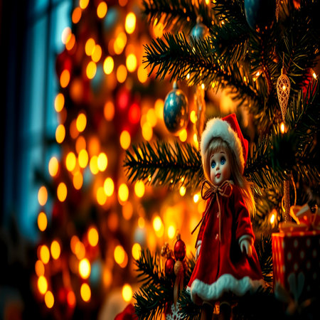 Santa Claus doll on a Christmas tree background. Christmas and New Year concept.の写真素材
