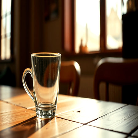 Glass of water on a wooden table in a cafe. Shallow depth of field.の写真素材