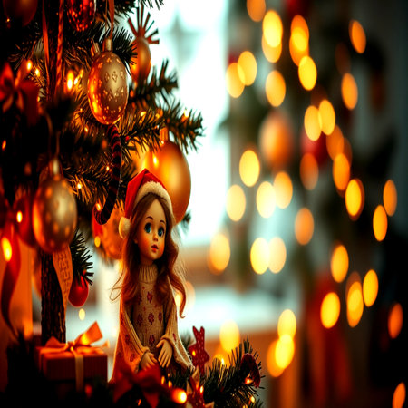 Christmas background with Christmas tree and toys. Selective focus. Holiday.の写真素材