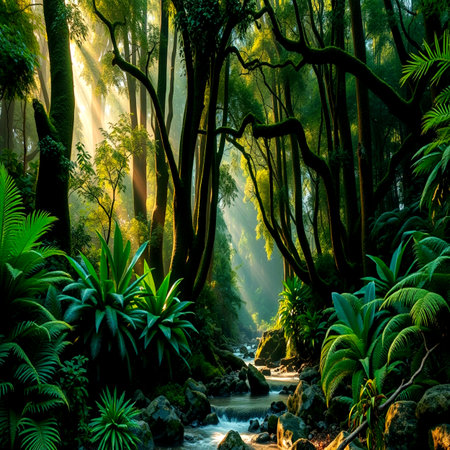 Beautiful tropical rainforest with stream in the morning. Nature backgroundの写真素材