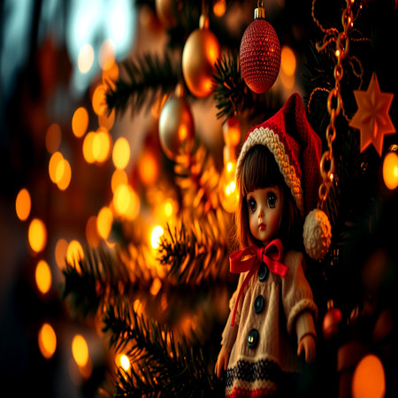 Christmas background with a Christmas tree and a doll in a red hatの写真素材