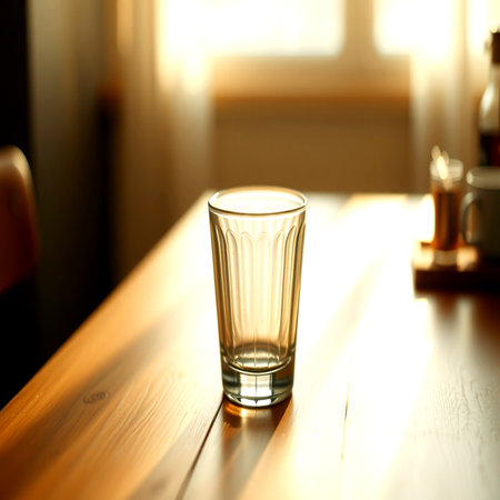 Empty glass of water on wooden table in cafe. Shallow depth of fieldの写真素材