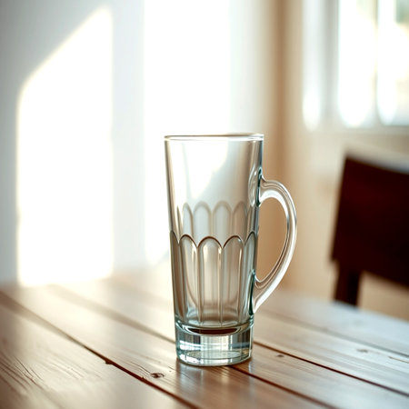 Glass on the wooden table in the living room at homeの写真素材