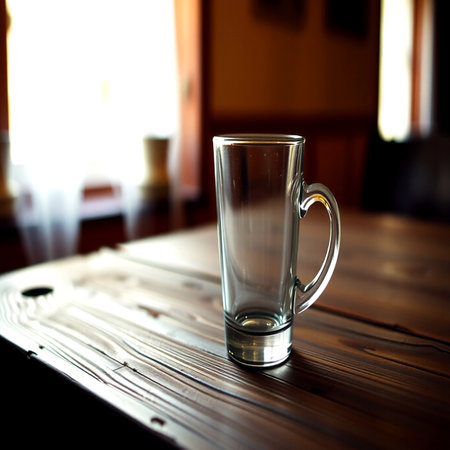 Glass of water on a wooden table in the cafe. Shallow depth of fieldの写真素材