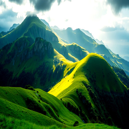 Mountain landscape with green meadows and blue sky with clouds.の写真素材