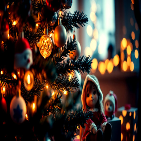Christmas and New Year background. Christmas tree with toys on the background of burning candles.の写真素材
