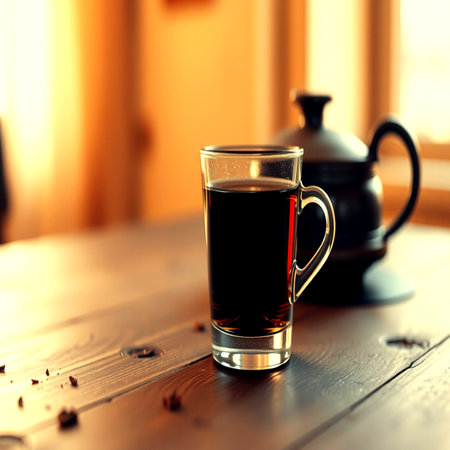 Black tea in a glass on a wooden table.の写真素材