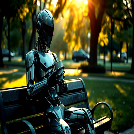 Cyborg sitting on a bench in the park at sunset. 3d rendering.の写真素材