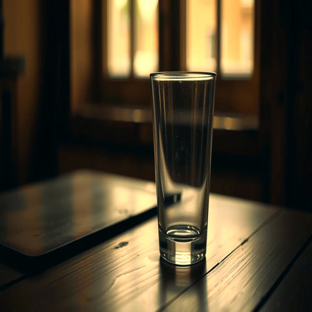 Glass of water on a wooden table in a cafe. Selective focus.の写真素材