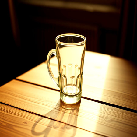 Empty glass on a wooden table. Shallow depth of fieldの写真素材
