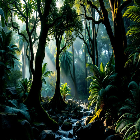Beautiful tropical rainforest with a stream flowing through the jungle.の写真素材