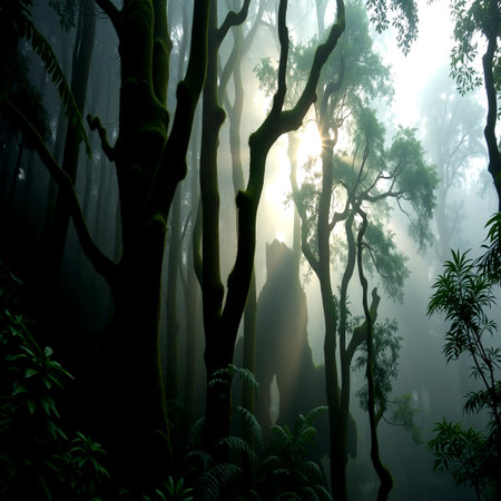 Tropical rainforest with fog and sunbeams in the morningの写真素材