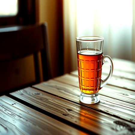 A glass of tea on a wooden table in the morning sunlight.の写真素材