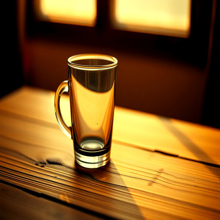 A glass of water on a wooden table. Toned.の写真素材