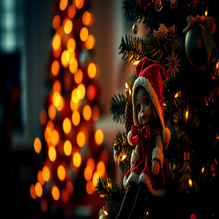 Christmas tree with Santa Claus doll and bokeh lights on backgroundの写真素材