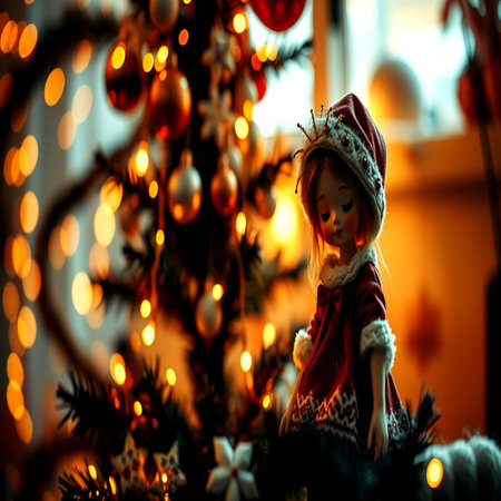 Little girl doll with christmas decoration on the background of the Christmas treeの写真素材
