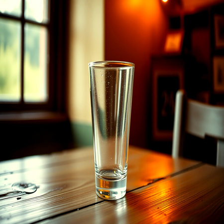 Glass on a wooden table. Selective focus. Toned.の写真素材
