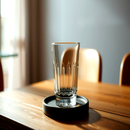 Empty glass on a wooden table in a cafe, close-upの写真素材
