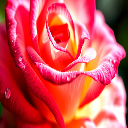 Macro shot of a pink rose with water drops on petalsの写真素材