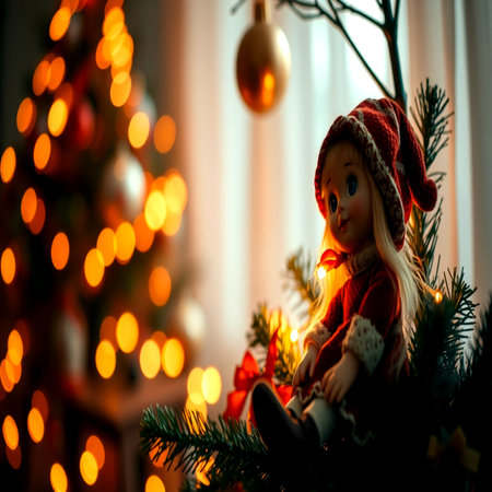 Cute little girl sitting on christmas tree with garland lights.の写真素材